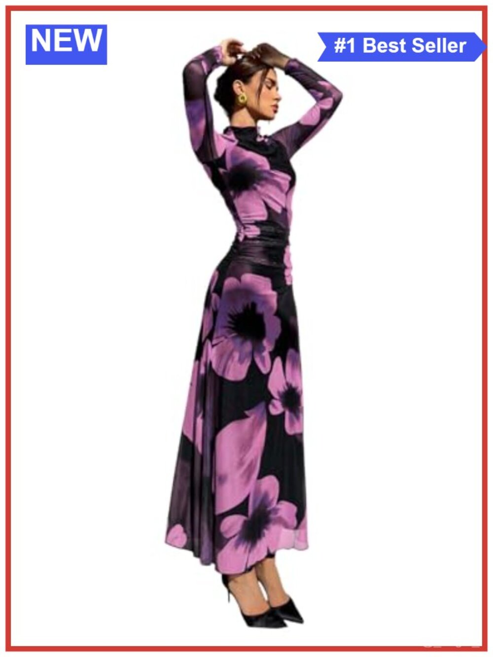 Long Sleeve Floral Maxi Dress Mesh A-Line Ruched Mock Neck